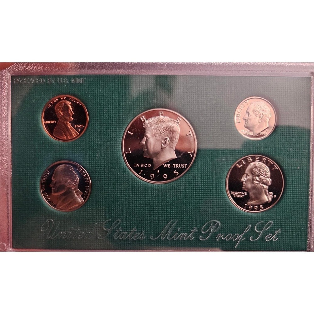US Mint 1995 Proof Set 5 Coins S Mint Mark Green Case Excellent Deep Cameo COA